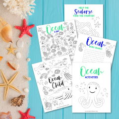 Free Ocean Printable! This 5 page kids activity pack Includes an ocean themed word search, ocean coloring sheet, ocean I spy and an ocean maze all filled with your favorite sea creatures! Perfect for oceam themed birthday parties, homeschooling activities, and kids boredom busters! These kids ocean activity worksheets are as cute as can be! #Printables #kidsactivities #printable #OceanBirthday #ColoringSheet #wordsearch #SummerCrafts #teacher