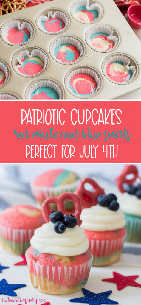 Celebrate the Fourth of July with this Patriotic Cupcakes Recipe! With red, white and blue swirls, buttercream frosting, hand dipped candy coated pretzels and blueberries, this is a fun Fourth of July Cupcake decorating idea! Great for other patriotic holidays too! Who doesnt love red, white and blue food ideas! #Cupcakes #FourthOfJuly #Patriotic #Baking #CupcakeDecorating #Recipe #CupcakeRecipe #RedWhiteAndBlue #PatrioticFood
