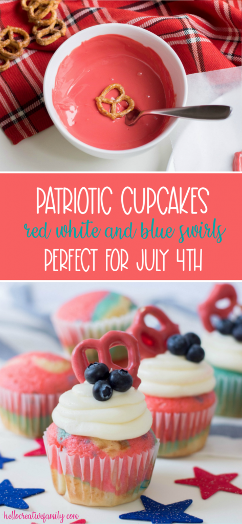Celebrate the Fourth of July with this Patriotic Cupcakes Recipe! With red, white and blue swirls, buttercream frosting, hand dipped candy coated pretzels and blueberries, this is a fun Fourth of July Cupcake decorating idea! Great for other patriotic holidays too! Who doesnt love red, white and blue food ideas! #Cupcakes #FourthOfJuly #Patriotic #Baking #CupcakeDecorating #Recipe #CupcakeRecipe #RedWhiteAndBlue #PatrioticFood