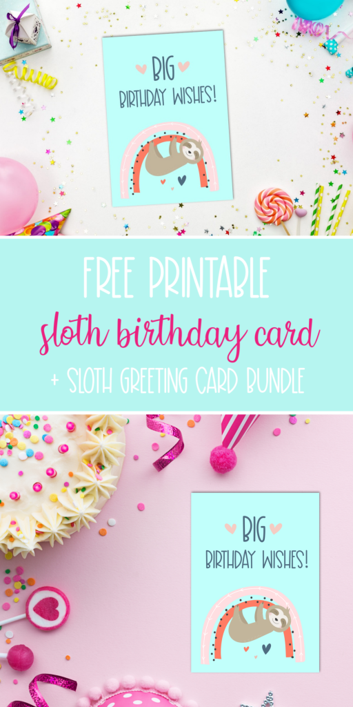Sloths + rainbows = super duper adorable birthday cuteness! Download this free sloth birthday party printable or a bundle of 5 adorable printable sloth greeting cards. #Printables #Sloths #Rainbows #GreetingCards #PrintableCards #handmade