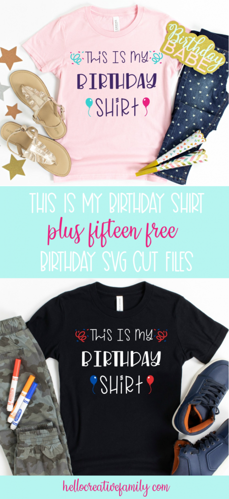 Download this free "This Is My Birthday Shirt" svg file to make adorable DIY birthday shirts for kids! Includes a collection of 15 free birthday cut files that you can cut with your Cricut, Silhouette or other electronic cutting machine!  These cut files make easy birthday crafts! #SVGFiles #CutFiles #Birthday #BirthdayShirt #BirthdayCrafts #HandmadeBirthday #CricutMade #CricutCrafts #CricutCreated #crafts 