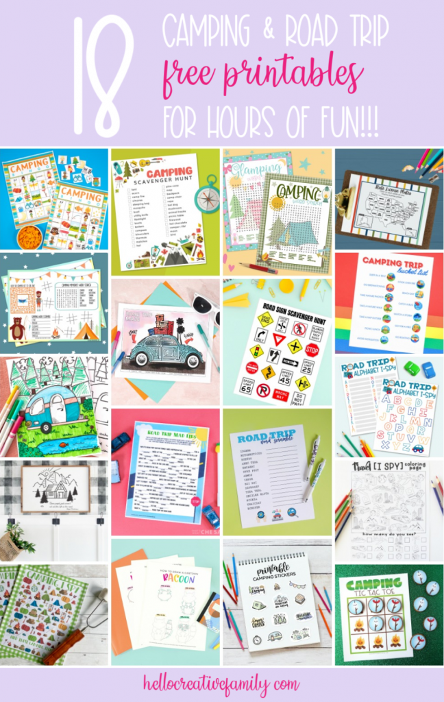 Heading camping or on a road trip? Keep the kids from saying "are we there yet?!?!" with 18 free camping and road trip printables! This set includes camping bingo, camping scavenger hunts, road trip I-spy, free coloring sheets, road trip mad libs and more! The perfect kids boredom busters while travelling! #Printables #TotallyFreePrintables #RoadTrip #Camping #BoredomBusters #FreePrintables #KidsWorksheets