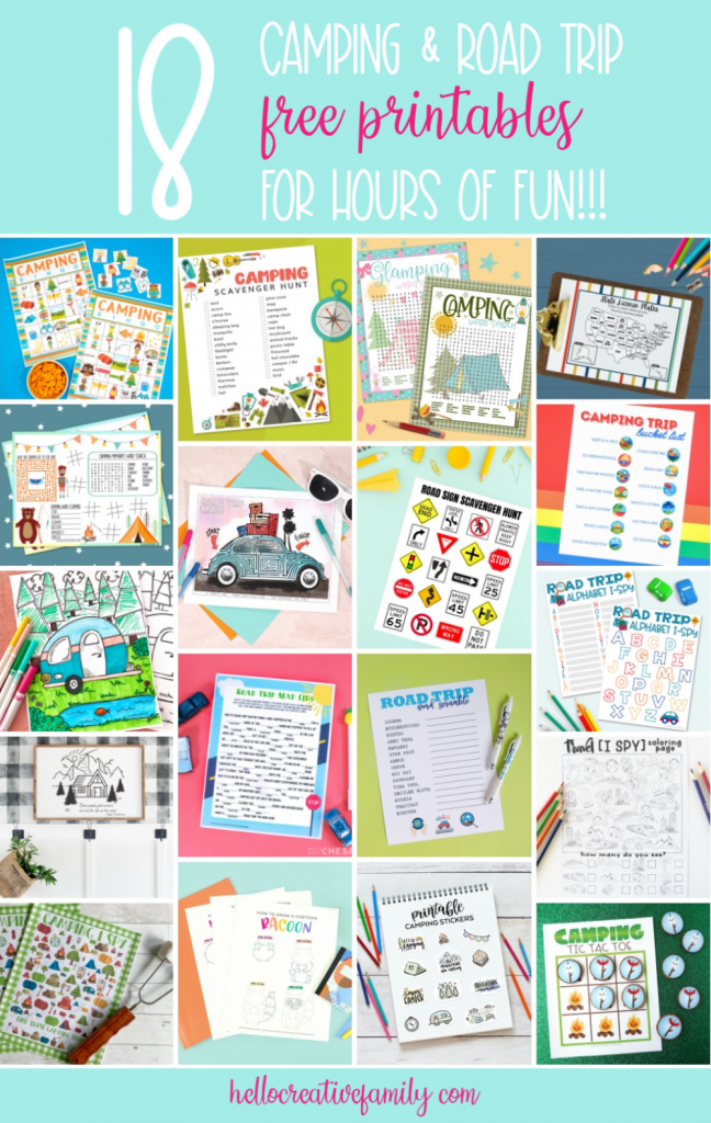 Heading camping or on a road trip? Keep the kids from saying "are we there yet?!?!" with 18 free camping and road trip printables! This set includes camping bingo, camping scavenger hunts, road trip I-spy, free coloring sheets, road trip mad libs and more! The perfect kids boredom busters while travelling! #Printables #TotallyFreePrintables #RoadTrip #Camping #BoredomBusters #FreePrintables #KidsWorksheets 