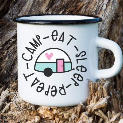 Camp Eat Sleep Repeat is my summertime motto! This adorable free camping cut file has the cutest camper and those summertime words! Create DIY camping gear with this awesome free svg. #Camping #Cricut #Silhouette #Handmade #CricutCrafts #CricutMade #CricutCreated