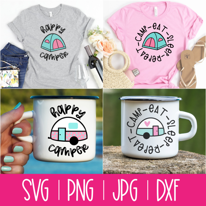 Use this Cute Camping Cut File Bundle With Vintage Trailers and Tents to make shirts, camping mugs, camper decor, tote bags and other fun camping themed DIYs!&nbsp; Files included in this instant download include SVG, PNG DXF and JPG. Can be cut on a Cricut Maker, Cricut Explore, Cricut Joy, Silhouette Cameo, or other machines that use these types of files. #Cutfiles #Camping #SVG #tent #glamping #trailer #camper #CricutCreated #CricutMade #SummerCrafts