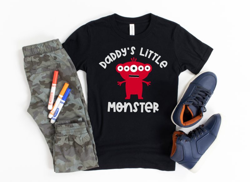 Daddy's Little Monster Cut File- The perfect SVG bundle for creating handmade baby shower gifts! This cut file bundle comes with 5 different monsters along with the names of special family members for making onesies and baby shirts using your Cricut or Silhouette. #BabyGift #handmade #Cricut #Silhouette