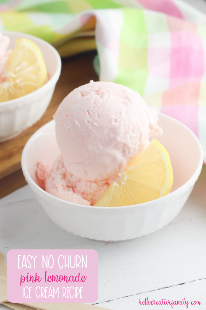 The perfect cool summer treat! This easy no churn pink lemonade ice cream recipe uses just 3 ingredients and doesn't require an ice cream maker! Make the simple base in just 10 minutes. Sure to become a family favorite! #IceCream #recipe #pinklemonade #summerrecipe #nochurn #nochurnicecream #dessert #pinkdessert #homemade #homemadeicecream