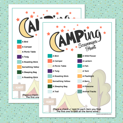 Looking for kids activities for camping? Download this free camping scavenger hunt printable, print and take with you for hours of old fashioned summer fun! #Camping #printable #FreePrintable #kidsacitivities #Summer #scavengerhunt