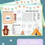 Heading camping? Grab this free camping activities printable placemat to keep the kids entertained at the campsite or on the road! This camping worksheet has a word scramble, maze, word search and tic-tac-toe! Also find 18 free camping and road trip themed printables! #Worksheets #Printables #Camping #kidsactivities #roadtrip #FreePrintable #ActivityPlacemat