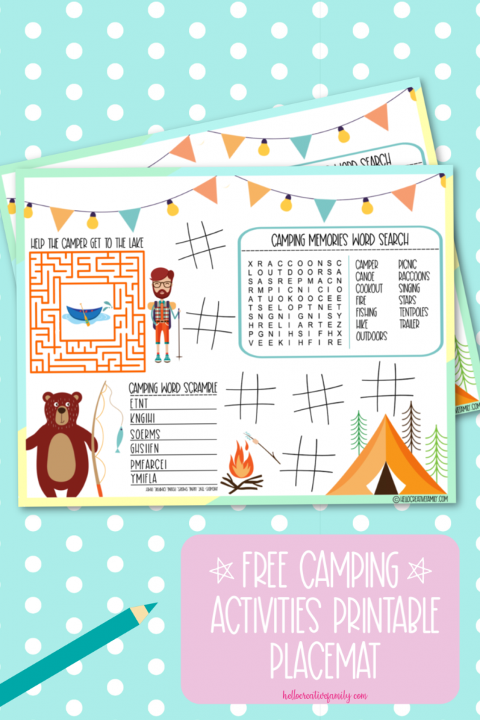 Heading camping? Grab this free camping activities printable placemat to keep the kids entertained at the campsite or on the road! This camping worksheet has a word scramble, maze, word search and tic-tac-toe! Also find 18 free camping and road trip themed printables! #Worksheets #Printables #Camping #kidsactivities #roadtrip #FreePrintable #ActivityPlacemat