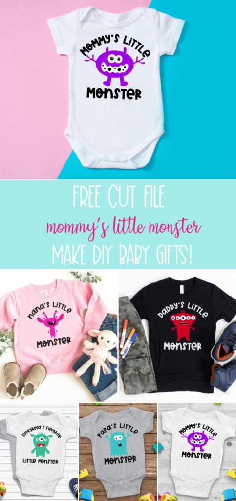 Looking for a handmade baby shower gift idea? This free Mommy's Little Monster SVG File is perfect for making DIY baby onesies using your Cricut or Silhouette! Also find a Little Monster mix and match bundle with 5 different monsters and different family member names including nana, papa and daddy.  #babyshower #BabyGift #PregnancySVG #BabyGiftSVG #BabySVG #Cricut #Silhouette #CricutMade #CricutCreated #LittleMonster #monster