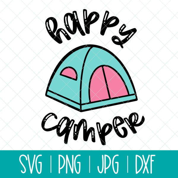 Use this adorable Happy Camper svg with a cute tent to make shirts, camping mugs, camper decor, tote bags and other fun camping themed DIYs!  Files included in this instant download include SVG, PNG DXF and JPG. Can be cut on a Cricut Maker, Cricut Explore, Cricut Joy, Silhouette Cameo, or other machines that use these types of files. #Cutfiles #Camping #SVG #tent