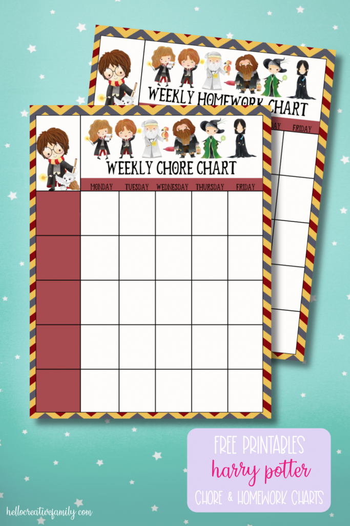 Keep your kids organized with these adorable free Harry Potter printables. Includes a chore chart and homework chart featuring Harry, Hermione, Ron, Dumbledore, Fawkes, Hagrid, McGonagall and Snape. #HarryPotter #Printables #FreePrintables #Organization #ChoreChart #homeworkchart #homeschooling #homeorganization