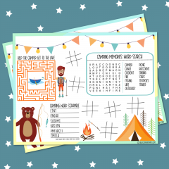 Heading camping? Grab this free camping activities printable placemat to keep the kids entertained at the campsite or on the road! This camping worksheet has a word scramble, maze, word search and tic-tac-toe! Also find 18 free camping and road trip themed printables! #Worksheets #Printables #Camping #kidsactivities #roadtrip #FreePrintable #ActivityPlacemat