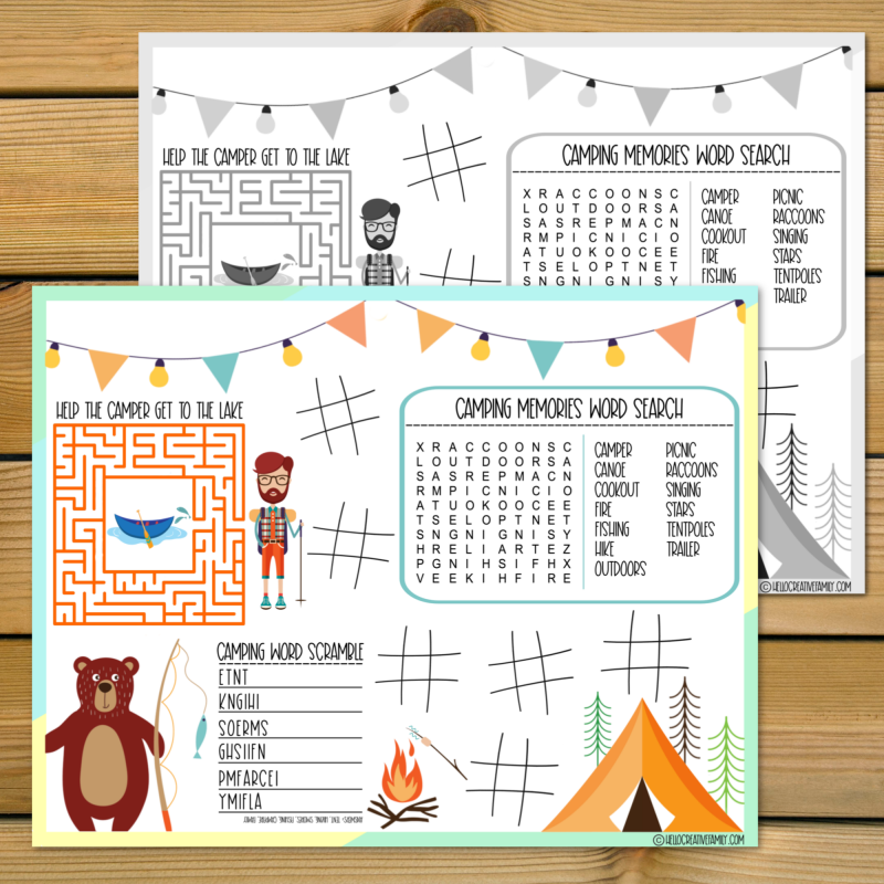 Heading camping? Grab this free camping activities printable placemat to keep the kids entertained at the campsite or on the road! This camping worksheet has a word scramble, maze, word search and tic-tac-toe! Also find 18 free camping and road trip themed printables! #Worksheets #Printables #Camping #kidsactivities #roadtrip #FreePrintable #ActivityPlacemat