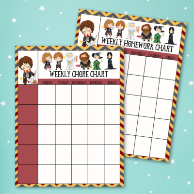 Keep your kids organized with these adorable free Harry Potter printables. Includes a chore chart and homework chart featuring Harry, Hermione, Ron, Dumbledore, Fawkes, Hagrid, McGonagall and Snape. #HarryPotter #Printables #FreePrintables #Organization #ChoreChart #homeworkchart #homeschooling #homeorganization