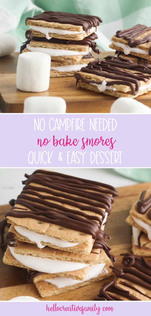 All the flavor of campfire smores without going camping! This No Bake Smores Recipe is a quick and easy, delicious dessert idea that can be made at home in minutes! Chocolate, graham cracker, marshmallow fluff! Who could ask for more? #smores #Dessert #EasyDessert #DessertIdea #CampingBirthday #homemade #Recipe #Marshmallow