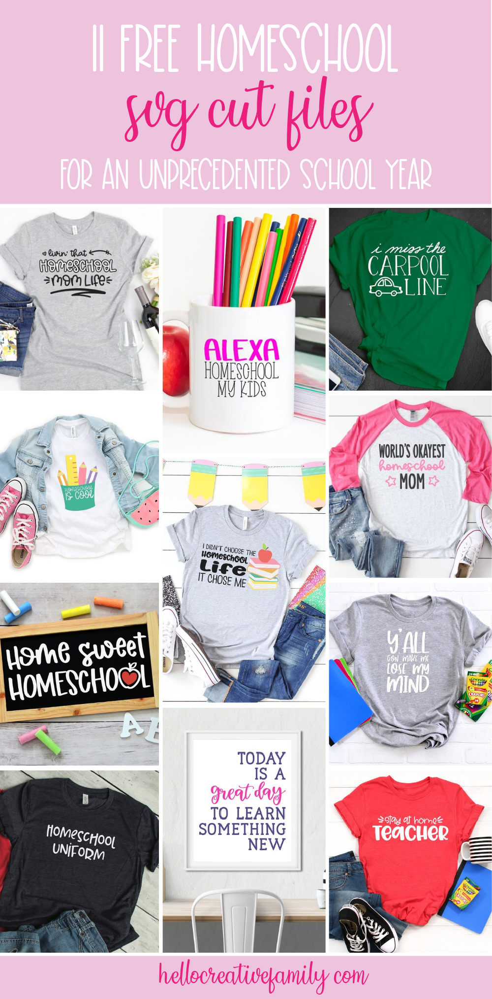 Have homeschooling on the brain? You're not alone! We're sharing 11 Free Homeschool SVG Cut Files perfect for making homeschool crafts and gear using your Cricut or Silhouette! Great for back to school crafts! #Homeschool #homeschooling #Crafts #Cricut #Silhouette #CricutMade #CricutCrafts #CricutCreated #HTV #DIYShirts