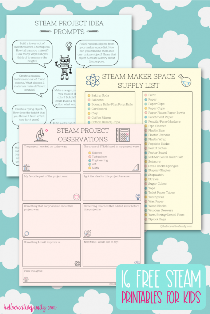 We're sharing 16 Free STEM and STEAM Printables perfect for kids learning at home. Includes a Maker Space Supply List, STEAM Project Prompts and STEAM Project Observations Worksheet. Perfect for homeschooling and distance learning. #STEAM #STEM #Printable #Worksheet #Homeschooling #Science #MakerSpace #ObservationSheet
