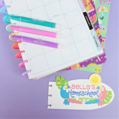 Use your Cricut Maker or Cricut Explore Air to make DIY personalized planner dashboards that are perfect for homeschool planners! We love ours as a bookmark in our Happy Planner! Can easily be customized with your child's favorite things. #CricutCreated #CricutMade #Homeschool #CricutCrafts #HomeschoolCrafts #HappyPlanner #PlannerAddict