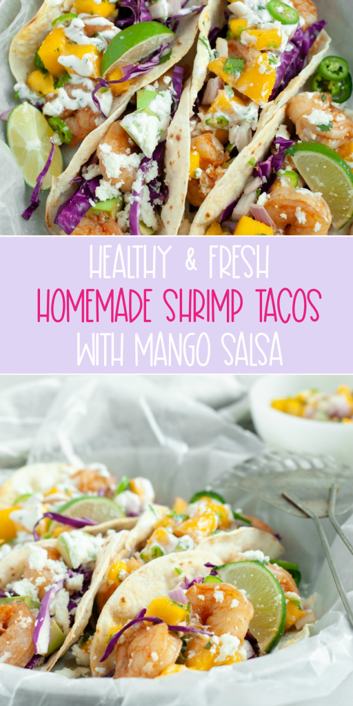 What's for dinner? This homemade shrimp tacos recipe with mango salsa is fresh, healthy and delicious! This easy 30 minute dinner meal idea is made with whole foods and delicious flavors that the entire family will love! #Tacos #Shrimp #mango #recipe #summer #cilantro #30minutemeal #homemade #Easy #mealplanning