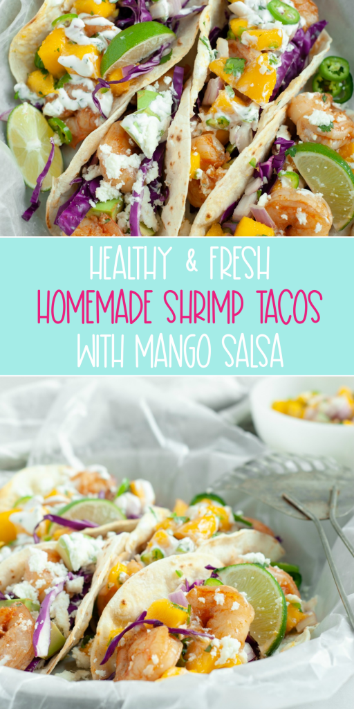 What's for dinner? This homemade shrimp tacos recipe with mango salsa is fresh, healthy and delicious! This easy 30 minute dinner meal idea is made with whole foods and delicious flavors that the entire family will love! #Tacos #Shrimp #mango #recipe #summer #cilantro #30minutemeal #homemade #Easy #mealplanning