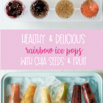 Make ice pops at home that you can feel good about serving your kids with this delicious healthy rainbow popsicles recipe! Made with juice, chia seeds and fresh fruits the flavor and color combinations are endless with this easy treat! #icepops #chiaseeds #healthysnack #recipe #fruit #rainbow #rainbowfood #homemade