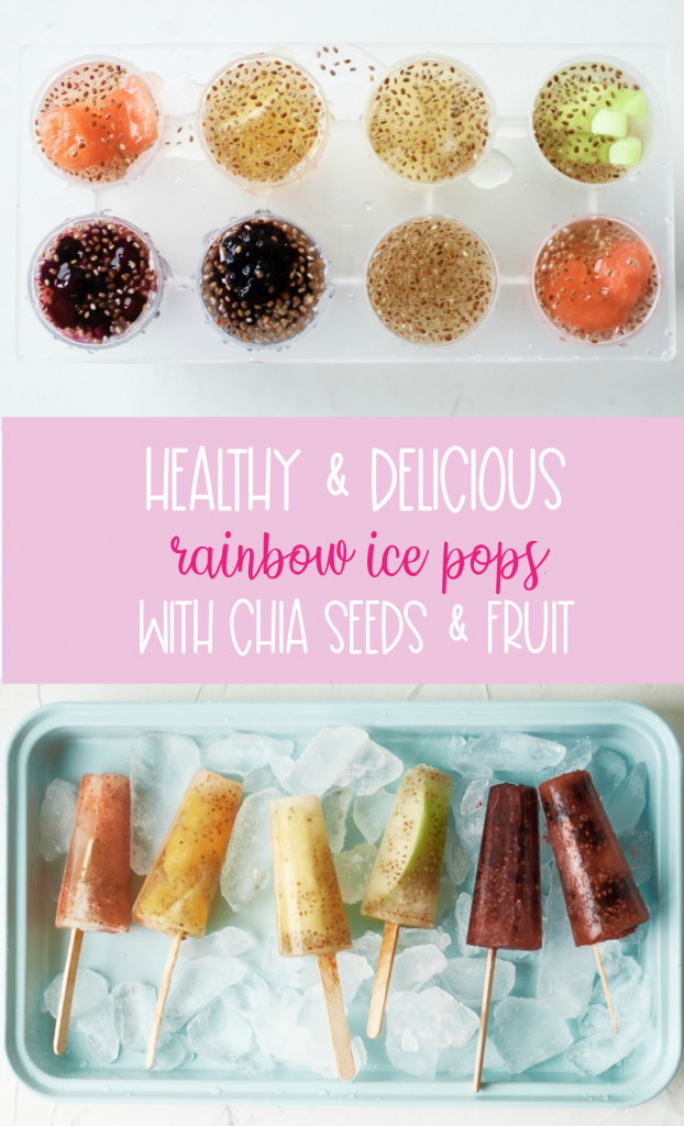 Make ice pops at home that you can feel good about serving your kids with this delicious healthy rainbow popsicles recipe! Made with juice, chia seeds and fresh fruits the flavor and color combinations are endless with this easy treat! #icepops #chiaseeds #healthysnack #recipe #fruit #rainbow #rainbowfood #homemade