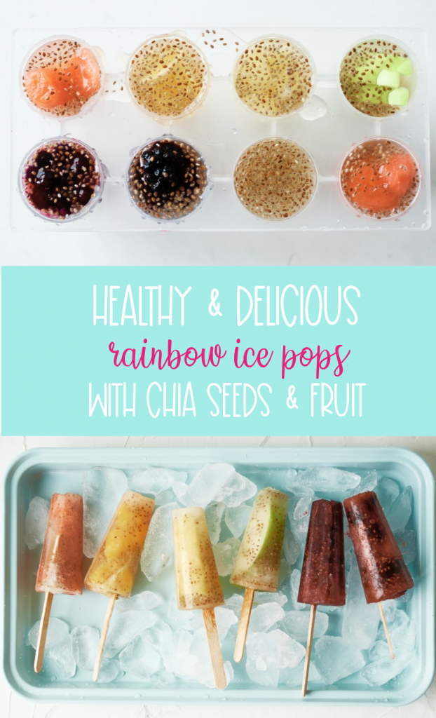 Make popsicles at home that you can feel good about serving your kids with this delicious healthy rainbow ice pops recipe! Made with juice, chia seeds and fresh fruits the flavor and color combinations are endless with this easy treat! #icepops #chiaseeds #healthysnack #recipe #fruit #rainbow #rainbowfood #homemade