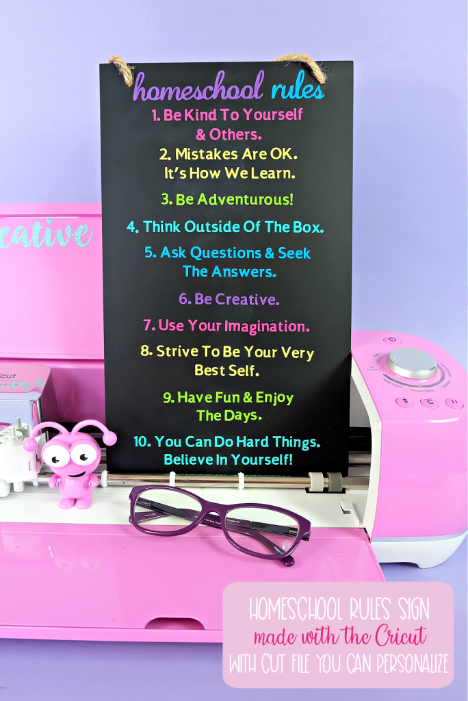 Make a personalized Cricut Homeschool Rules Sign with this fun craft tutorial. Personalize with your family's own rules to make a beautiful keepsake wood homeschool rules sign with your Cricut Maker, Cricut Explore Air 2 or Cricut Joy! #CricutCreated #CricutMade #Homeschool #CricutCrafts #HomeschoolCrafts #Homeschoolrules #woodsign #vinyl