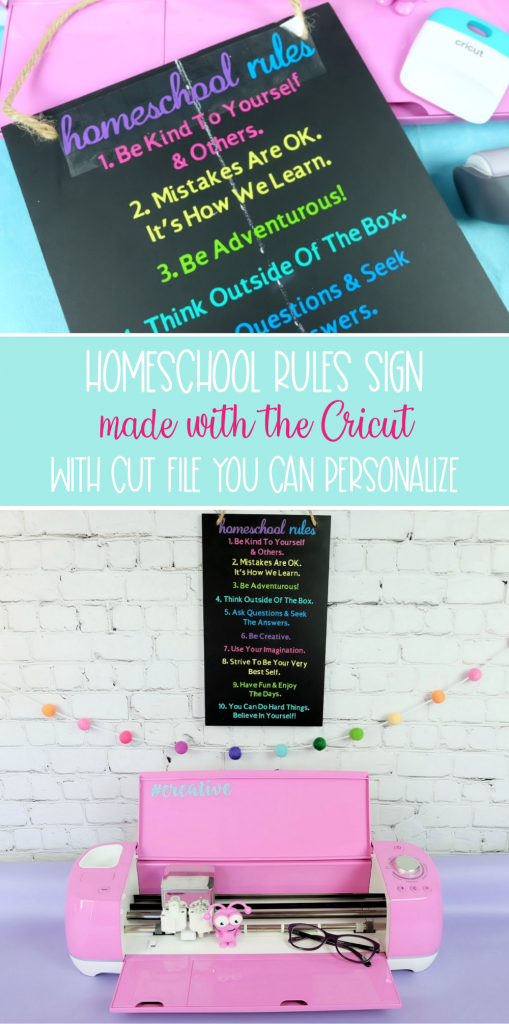 Make a personalized Cricut Homeschool Rules Sign with this fun craft tutorial. Personalize with your family's own rules to make a beautiful keepsake wood homeschool rules sign with your Cricut Maker, Cricut Explore Air 2 or Cricut Joy! #CricutCreated #CricutMade #Homeschool #CricutCrafts #HomeschoolCrafts #Homeschoolrules #woodsign #vinyl