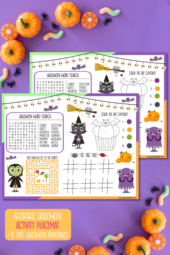 Get ready for some Halloween fun with 18 free Halloween Printables including a Halloween Activity Placemat! Download these kids activities and print them all! These activity sheets are perfect for homeschooling and Halloween parties! #Halloween #printables #Activities #kidsactivities #activitysheet #homeschooling #homeschool #wordsearch #coloring 