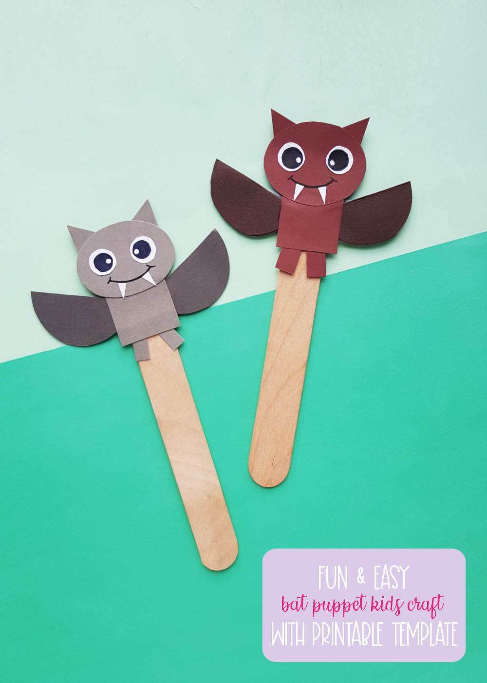 This fun and easy DIY bat puppet comes with a free printable template! Perfect for an enrichment project for grade 1 and 2 science on bats! Great for homeschool curriculum or Halloween fun! #Bats #Printable #kidscrafts #handmade #crafts #Papercrafts #homeschool #science #grade1 #grade2