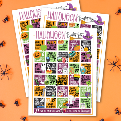 This free Halloween Activities Calendar printable is packed full of 31 days of Halloween Fun! From Halloween science experiments to pumpkin pancakes to spooky flashlight tag we've got your Halloween Bucket List covered with a ton of family fun! #BucketList #Halloween #Printable #HalloweenActivities #FreePrintable #halloweenparty #october #calendar