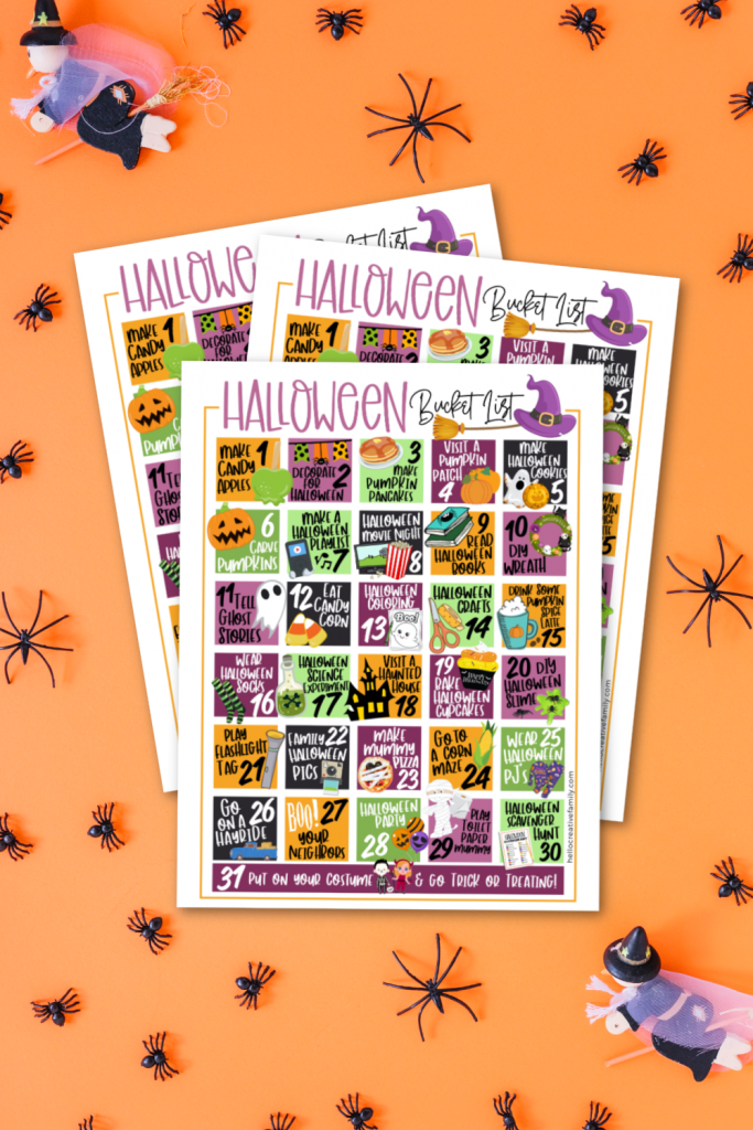 This free Halloween Activities Calendar printable is packed full of 31 days of Halloween Fun! From Halloween science experiments to pumpkin pancakes to spooky flashlight tag we've got your Halloween Bucket List covered with a ton of family fun! #BucketList #Halloween #Printable #HalloweenActivities #FreePrintable #halloweenparty #october #calendar 