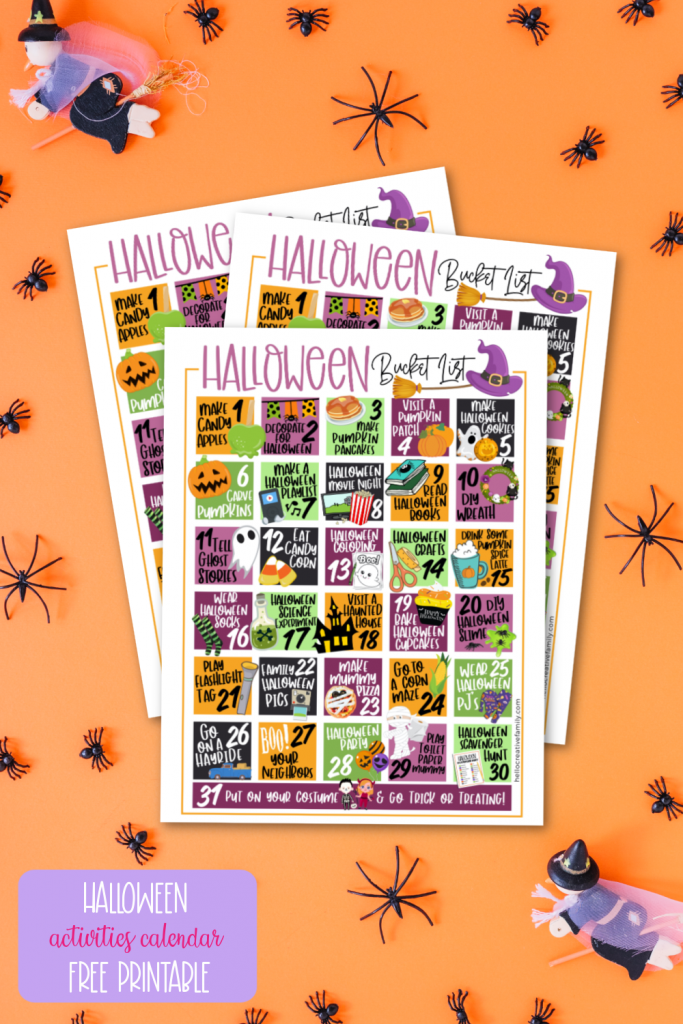 This free Halloween Activities Calendar printable is packed full of 31 days of Halloween Fun! From Halloween science experiments to pumpkin pancakes to spooky flashlight tag we've got your Halloween Bucket List covered with a ton of family fun! #BucketList #Halloween #Printable #HalloweenActivities #FreePrintable #halloweenparty #october #calendar