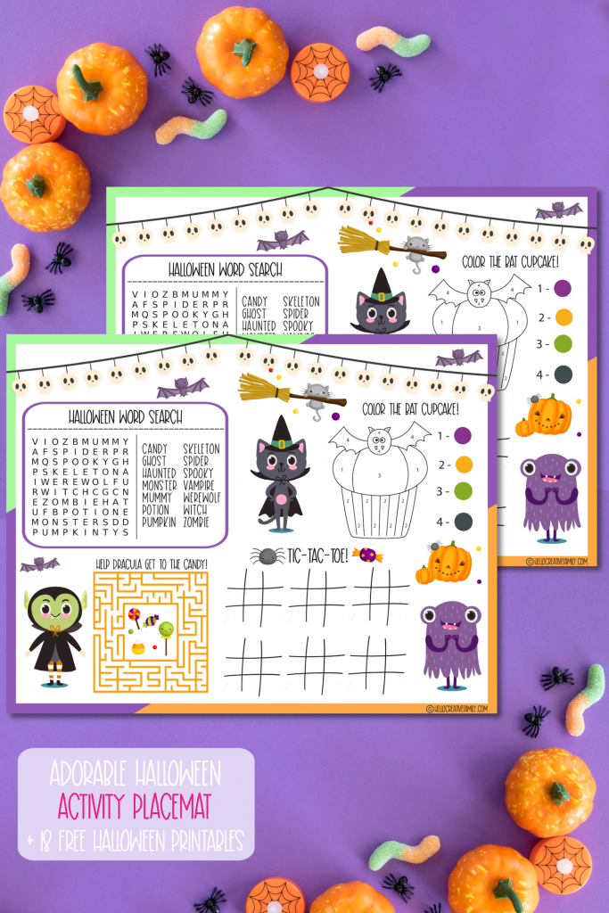 Get ready for some Halloween fun with 18 free Halloween Printables including a Halloween Activity Placemat! Download these kids activities and print them all! These activity sheets are perfect for homeschooling and Halloween parties! #Halloween #printables #Activities #kidsactivities #activitysheet #homeschooling #homeschool #wordsearch #coloring