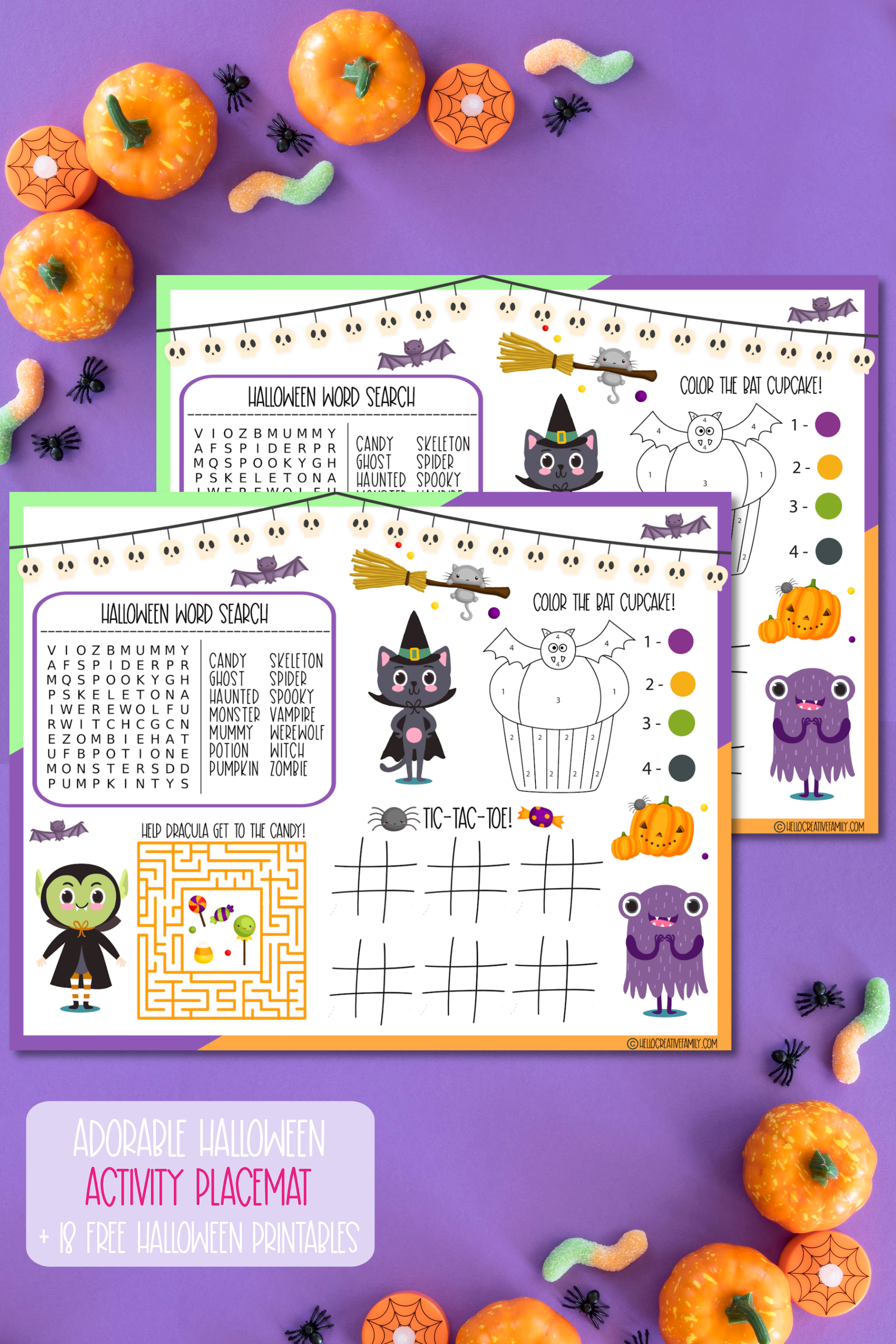 Get ready for some Halloween fun with 18 free Halloween Printables including a Halloween Activity Placemat! Download these kids activities and print them all! These activity sheets are perfect for homeschooling and Halloween parties! #Halloween #printables #Activities #kidsactivities #activitysheet #homeschooling #homeschool #wordsearch #coloring