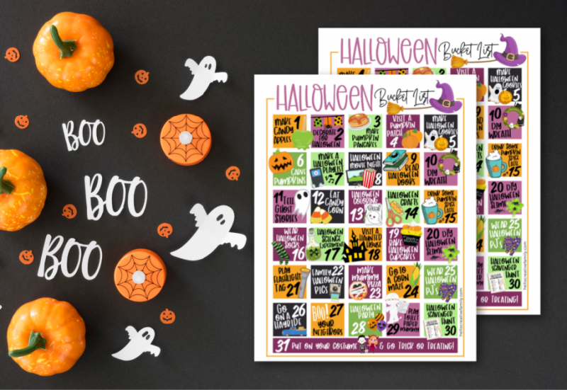 This free Halloween Activities Calendar printable is packed full of 31 days of Halloween Fun! From Halloween science experiments to pumpkin pancakes to spooky flashlight tag we've got your Halloween Bucket List covered with a ton of family fun! #BucketList #Halloween #Printable #HalloweenActivities #FreePrintable #halloweenparty #october #calendar 