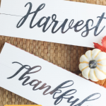 Make a pretty farmouse fall sign craft using item from the dollar store in just 20 minutes with this easy craft tutorial! Buy the metal words or cut them from vinyl using your Cricut cutting machine! With the words Harvest and Thankful on these farmhouse signs they are perfect for Thanksgiving decor ideas! #DollarStoreCrafts #cricutcreated #FallCrafts #FallDecor #Thanksgiving #thanksgivingcrafts #Thanksgivinddecor #Farmhousesign #Farmhousedecor