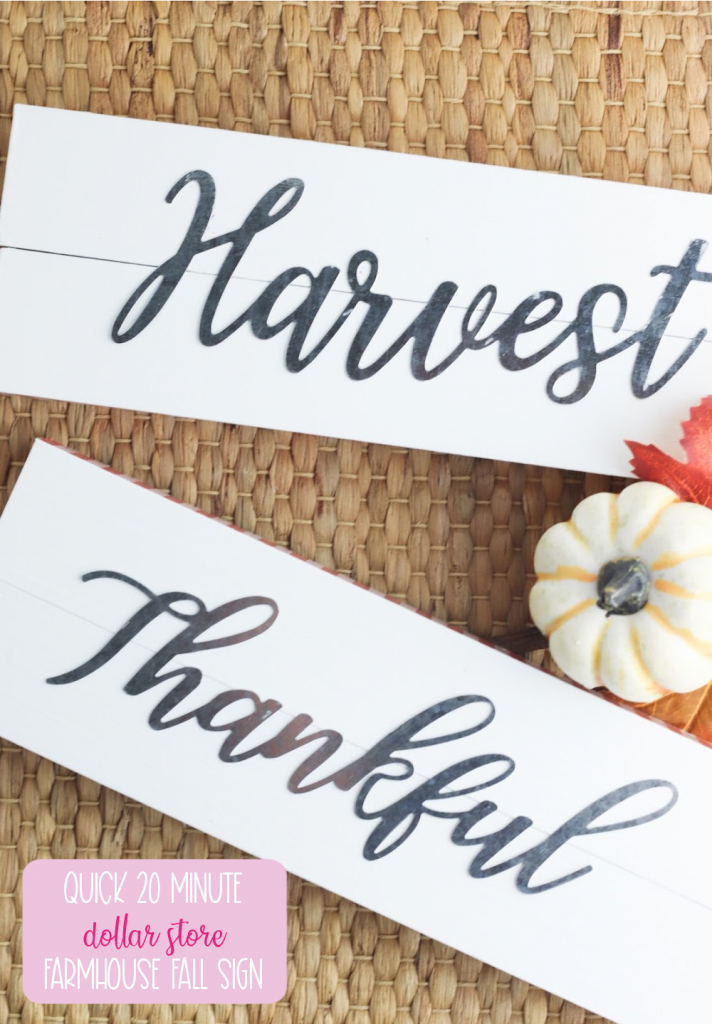 Make a pretty farmouse fall sign craft using item from the dollar store in just 20 minutes with this easy craft tutorial! Buy the metal words or cut them from vinyl using your Cricut cutting machine! With the words Harvest and Thankful on these farmhouse signs they are perfect for Thanksgiving decor ideas! #DollarStoreCrafts #cricutcreated #FallCrafts #FallDecor #Thanksgiving #thanksgivingcrafts #Thanksgivinddecor #Farmhousesign #Farmhousedecor