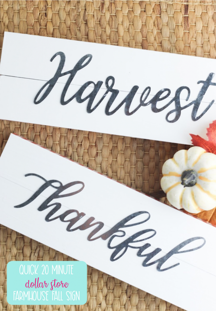 Make a pretty farmouse fall sign craft using item from the dollar store in just 20 minutes with this easy craft tutorial! Buy the metal words or cut them from vinyl using your Cricut cutting machine! With the words Harvest and Thankful on these farmhouse signs they are perfect for Thanksgiving decor ideas! #DollarStoreCrafts #cricutcreated #FallCrafts #FallDecor #Thanksgiving #thanksgivingcrafts #Thanksgivinddecor #Farmhousesign #Farmhousedecor