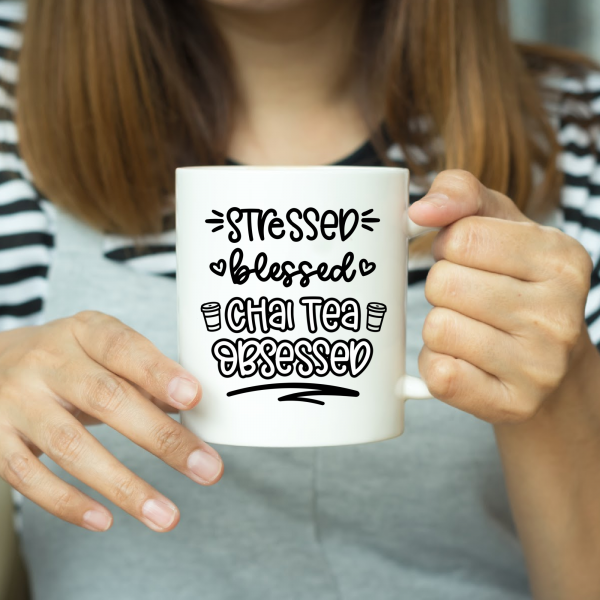 Use this fun Stressed, Blessed, Chai Tea Obsessed cut file with your Cricut, Silhouette or other electronic cutting machine to make beautiful shirts, hoodies, mugs, tote bags and more! #cutfile #SVGFile #SVG #Cricut #CricutMade #CricutCreated #CricutCrafts #Silhouette #SilhouetteCameo