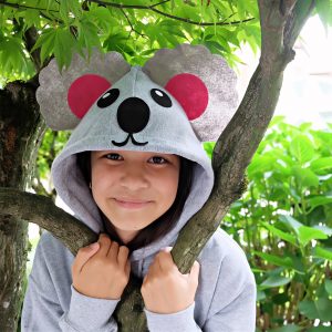 Looking for a quick and easy Halloween costume idea? This Easy 15 Minute No Sew Koala Halloween Costume is made using a hooded sweatshirt, felt and a glue gun! Includes a free template and an SVG file to cut with your Cricut or other electronic cutting machine! #koala #Halloween #NoSewCostume #handmade #Cricut #CricutMade #CricutCreated #CricutHalloween
