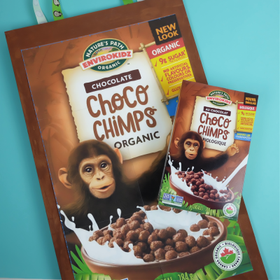 Make a cereal box costume using materials that you already have on hand including a cardboard box, glue from a glue gun and ribbon! Our costume features the adorable Choco Chimps cereal box! A fun, adorable and environmentally friendly halloween costume idea! #Halloween #Chimp #HalloweenCostume #DIYCostume #Handmade #Cereal