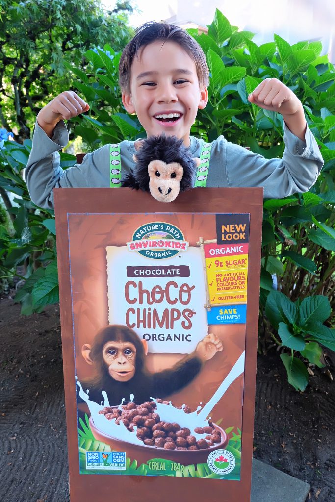 Make a cereal box costume using materials that you already have on hand including a cardboard box, glue from a glue gun and ribbon! Our costume features the adorable Choco Chimps cereal box! A fun, adorable and environmentally friendly halloween costume idea! #Halloween #Chimp #HalloweenCostume #DIYCostume #Handmade #Cereal 