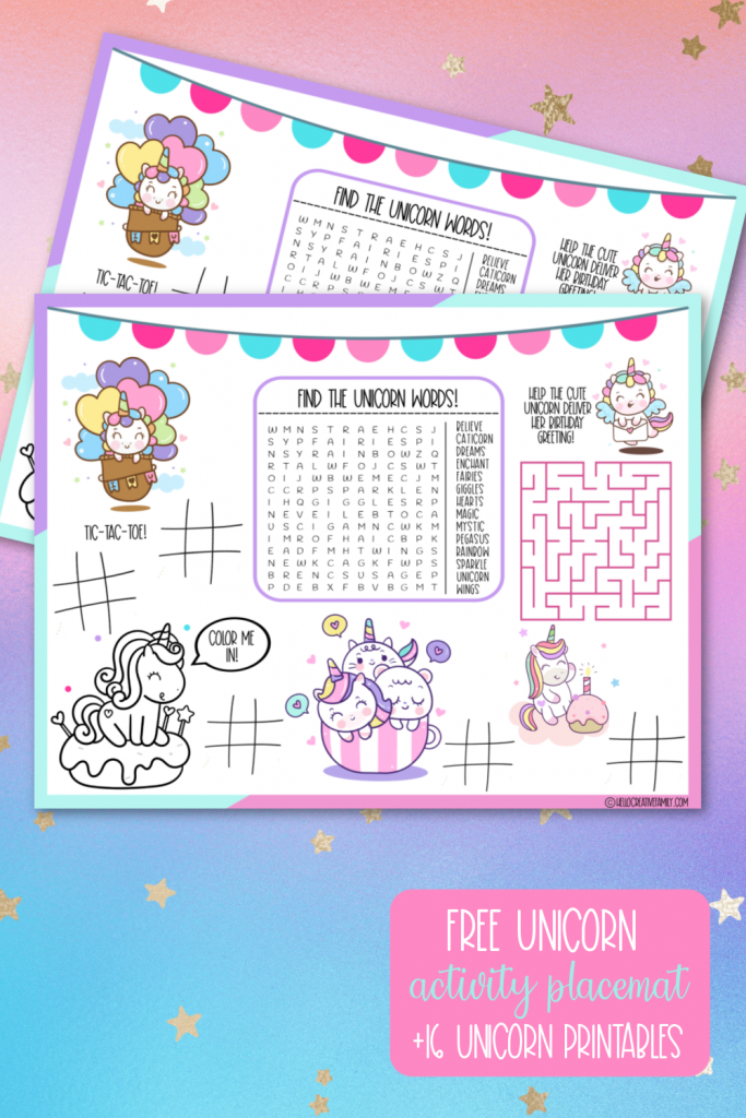Let the magic begin! Find 16 free unicorn printables including a unicorn activity placemat that is perfect for unicorn birthday parties! The ultimate printable collection for unicorn lovers! #UnicornCrafts #Crafts #Printables #FreePrintables #Sparkles #Rainbow #Homeschool #unicornparty #unicornbirthday