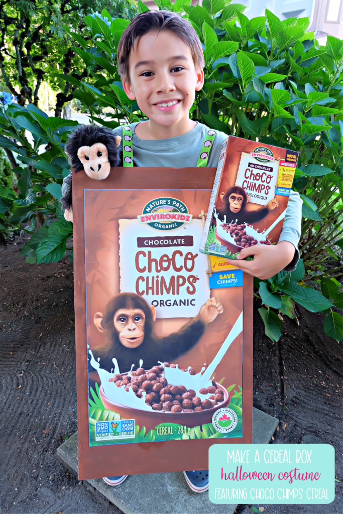Make a cereal box costume using materials that you already have on hand including a cardboard box, glue from a glue gun and ribbon! Our costume features the adorable Choco Chimps cereal box! A fun, adorable and environmentally friendly halloween costume idea! #Halloween #Chimp #HalloweenCostume #DIYCostume #Handmade #Cereal 