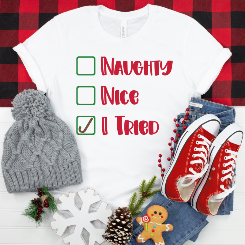 He's making a list and checking it twice! Get this adorable Naughty, Nice, I Tried SVG File along with 17 Free Christmas Cut Files from our creative friends! Perfect for handmade holiday gifts using your Cricut Maker, Cricut Explore, Cricut Joy or SIlhouette Cameo! #ChristmasCrafting #Handmadegifts #CricutCrafts #CricutCreated CricutMade #CricutChristmas #ChristmasCutFiles #ChristmasSVG #NaughtyorNice #DIY #Craft 