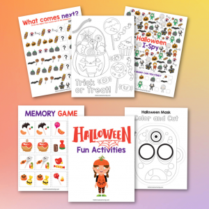 Enjoy hours of Halloween fun with our 8 page Halloween Printables Activity Pack For Kids! Contains Halloween Coloring Sheets, Match Game, I-Spy, Complete the Pattern and even a mask that you can color in and cut out! Perfect for a Halloween Classroom Activity or a Halloween Party! #Halloween #HalloweenPrintables #HalloweenColoringSheet #HalloweenGames #Printables #FreePrintables #KidsActivities #homeschoolworksheets
